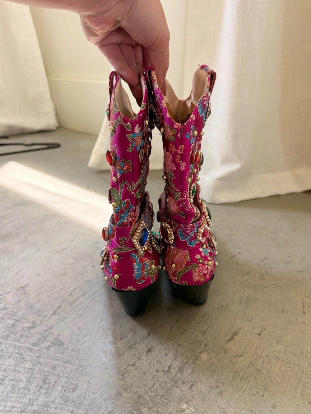 Fuchsia Embroidered Mid-Calf Western Boots with Jewel Accents - Picture 5 of 8